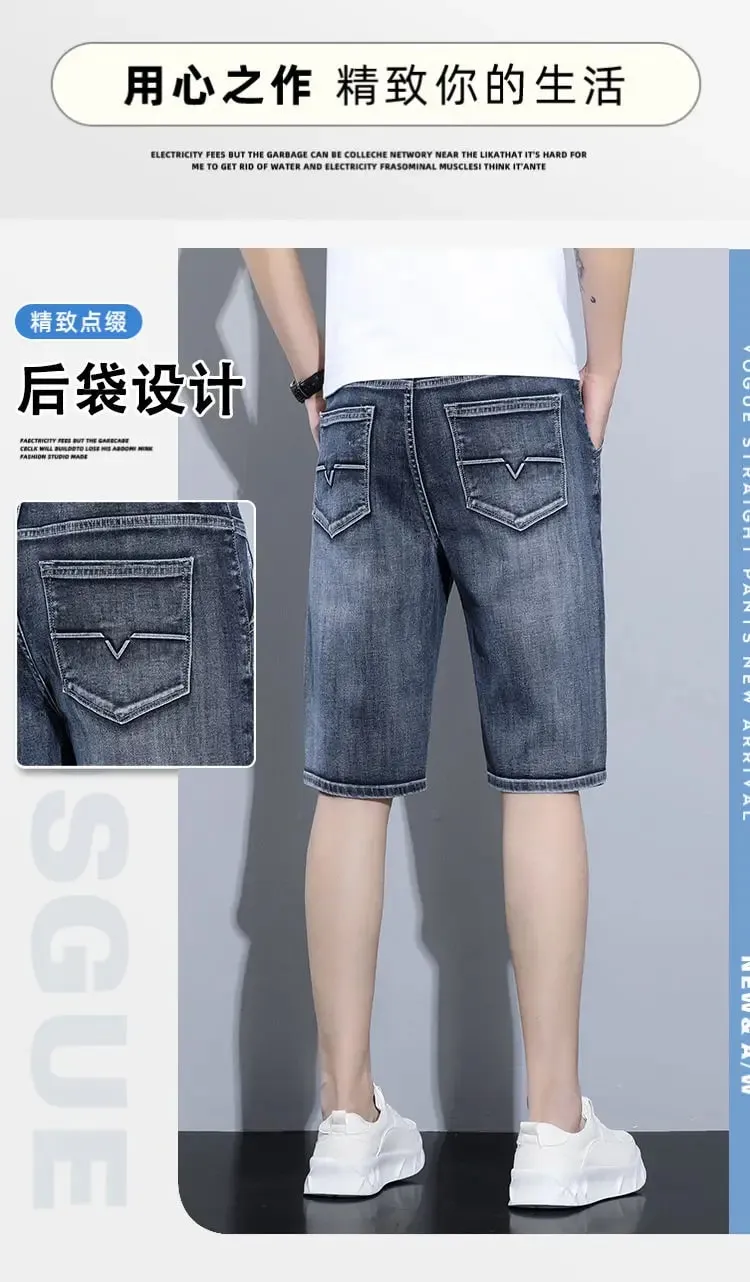 New Summer Men's Denim Thin Casual Pants Straight Leg Shorts Elastic Five Quarter Pants — image 7