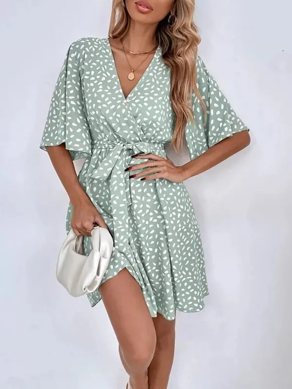 Casual Dot Print Mini Dress with Belt Elegant Chic Half Sleeve V Neck A Line Sundress Vintage Harajuku Short Dress Beach Party