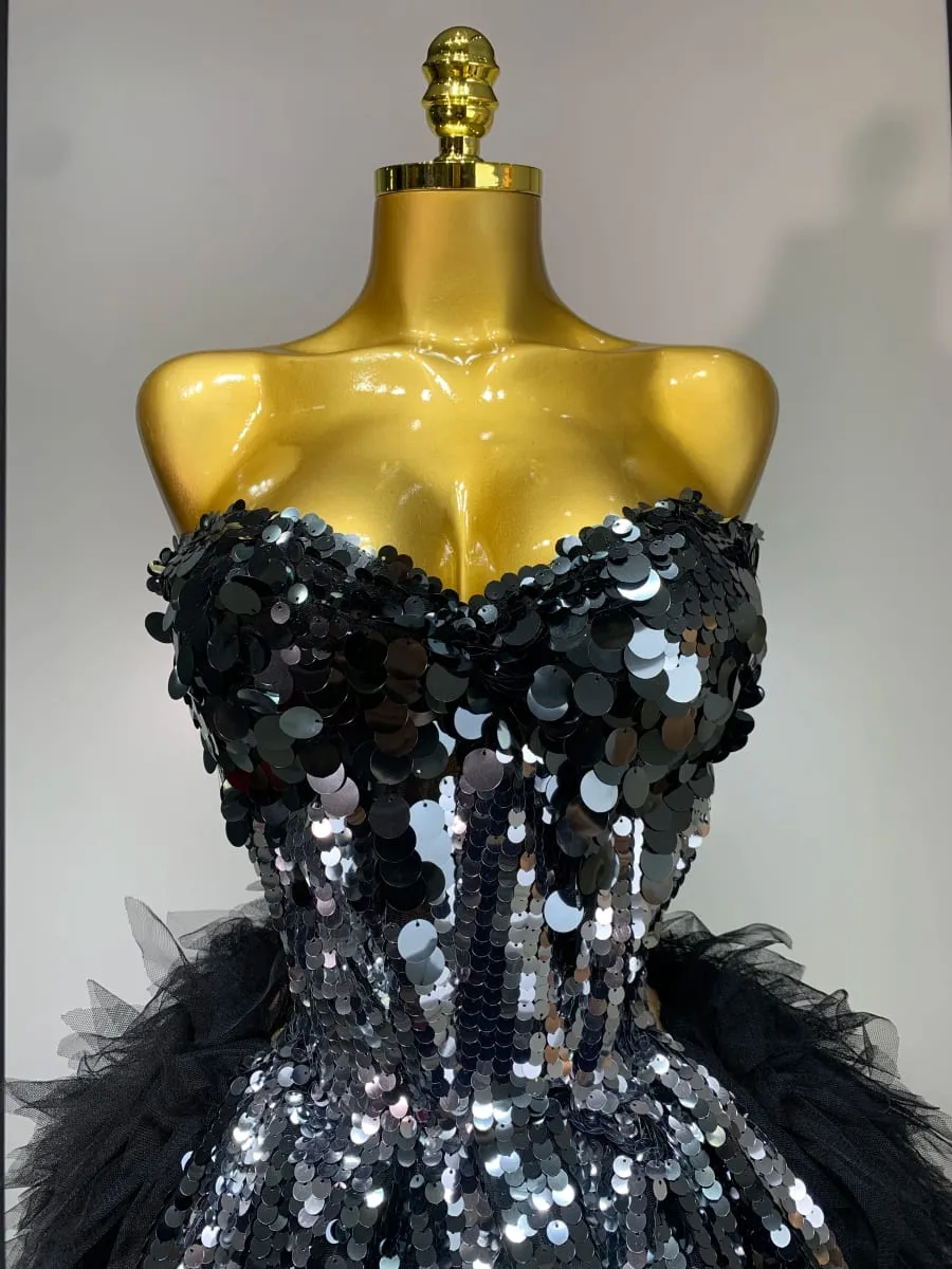 Sparkly Black Sequins Two Pieces Set for Women Party Evening Prom Celebrate Birthday Photo Shoot Dress Nightclub Dance Costume — image 5