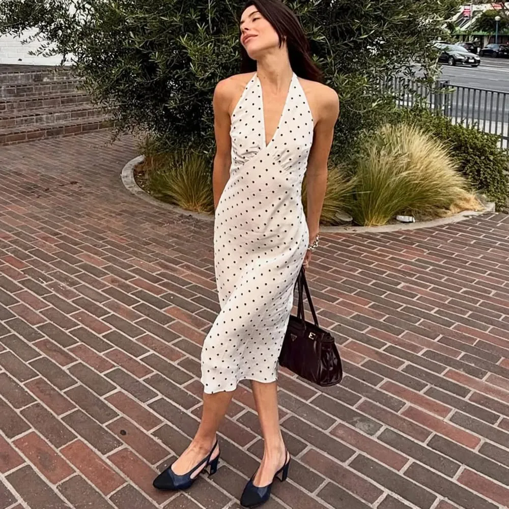 Tuularose Abito lungo con collo appeso a pois Abito da donna elegante senza spalline Sexy con lacci senza maniche Backless Fashion Club Abiti da festa — image 5