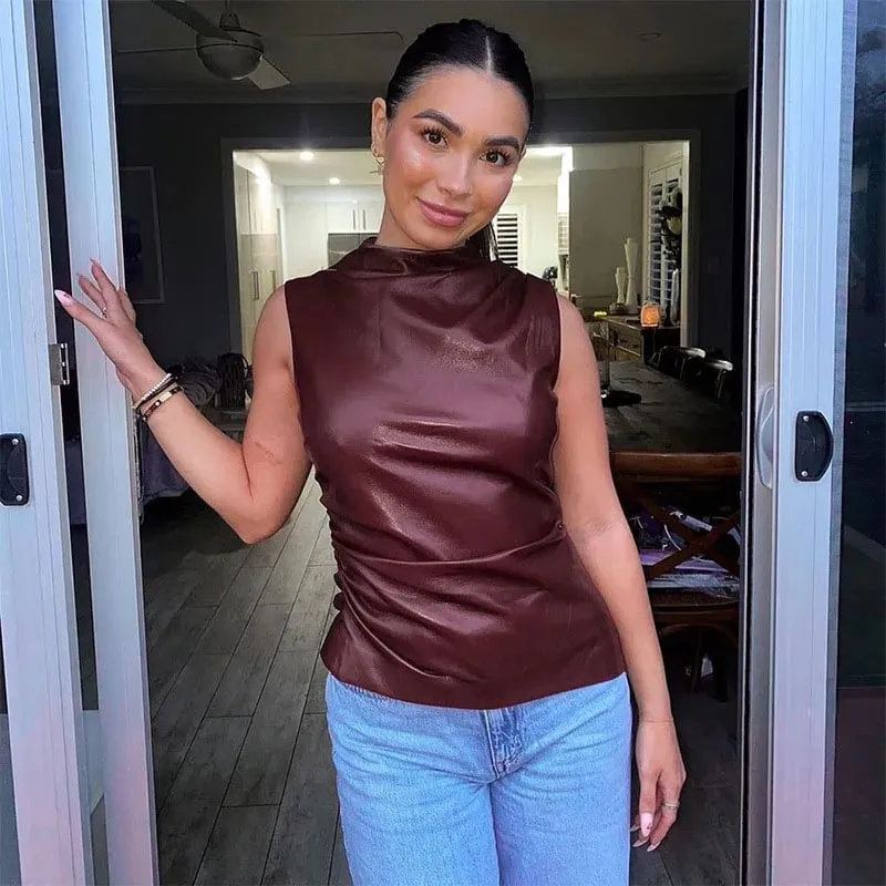 Women Y2K Vintage Pu Simple Basic Tank Top High Waist Skinny Shrunk Slash Cut Sleeveless Tops Versatile Noble Shirts — image 3