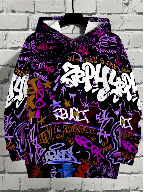 Europäische und amerikanische Herren Herbst Gothic Letter Graffiti Print Weiches und bequemes Kapuzenpullover Outdoor Street Top