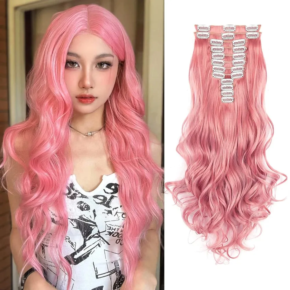 Pink Hair Extensions 12Pcs Clip in Hair Extensions 22 Inches Long Curly Hair Extensions Clip ins Soft Synthetic Hair Extensions — image 3