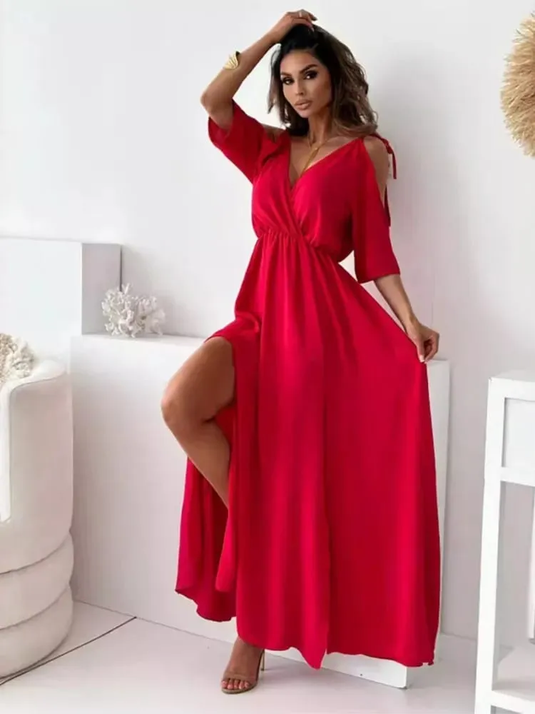 ฤดูร้อน V คอกระโปรง Slit Dress Off-ไหล่เซ็กซี่สปาเก็ตตี้ชุดเดรสแฟชั่น Elegant หลวม Beach Dresses Robe femme