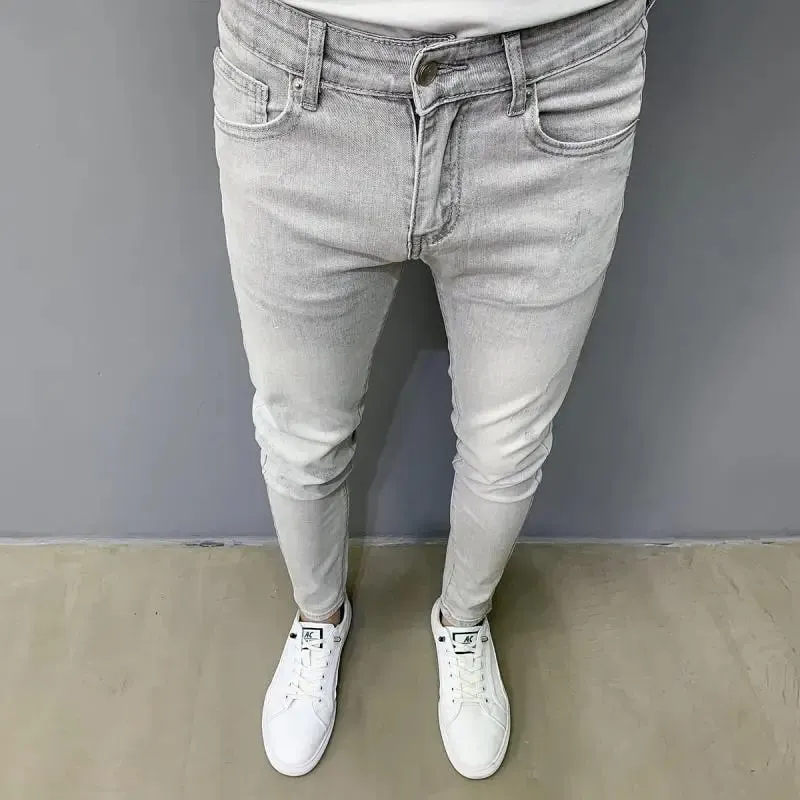Summer Luxury Clothing Men's Pencil Pants Light Gray Jeans Slim Fit Korean Style Elastic Small Feet Long Pants Trendy Slim Jeans — image 2