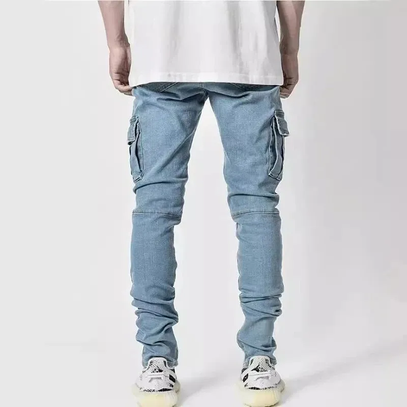 Men Street Elastic Denim Jeans Wash Solid Color Multi Pockets Cargo Pants Casual Slim Fit Daily Wear Joggers Mid Waist Trousers