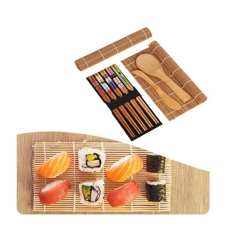 9Pcs/Set Bamboo Sushi Making Kit Sushi Mat Including 2 Sushi Rolling Mats 5 Pairs of Chopsticks 1 Paddle 1 Spreader Cooking Tool — image 5