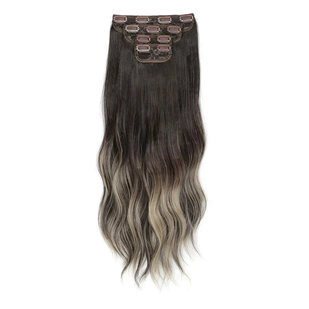 4 pçs/set 11 clipes 22 polegadas 220g ondas de praia clipe em extensões de cabelo loira arenosa champanhe resistente ao calor sintético peruca — image 21