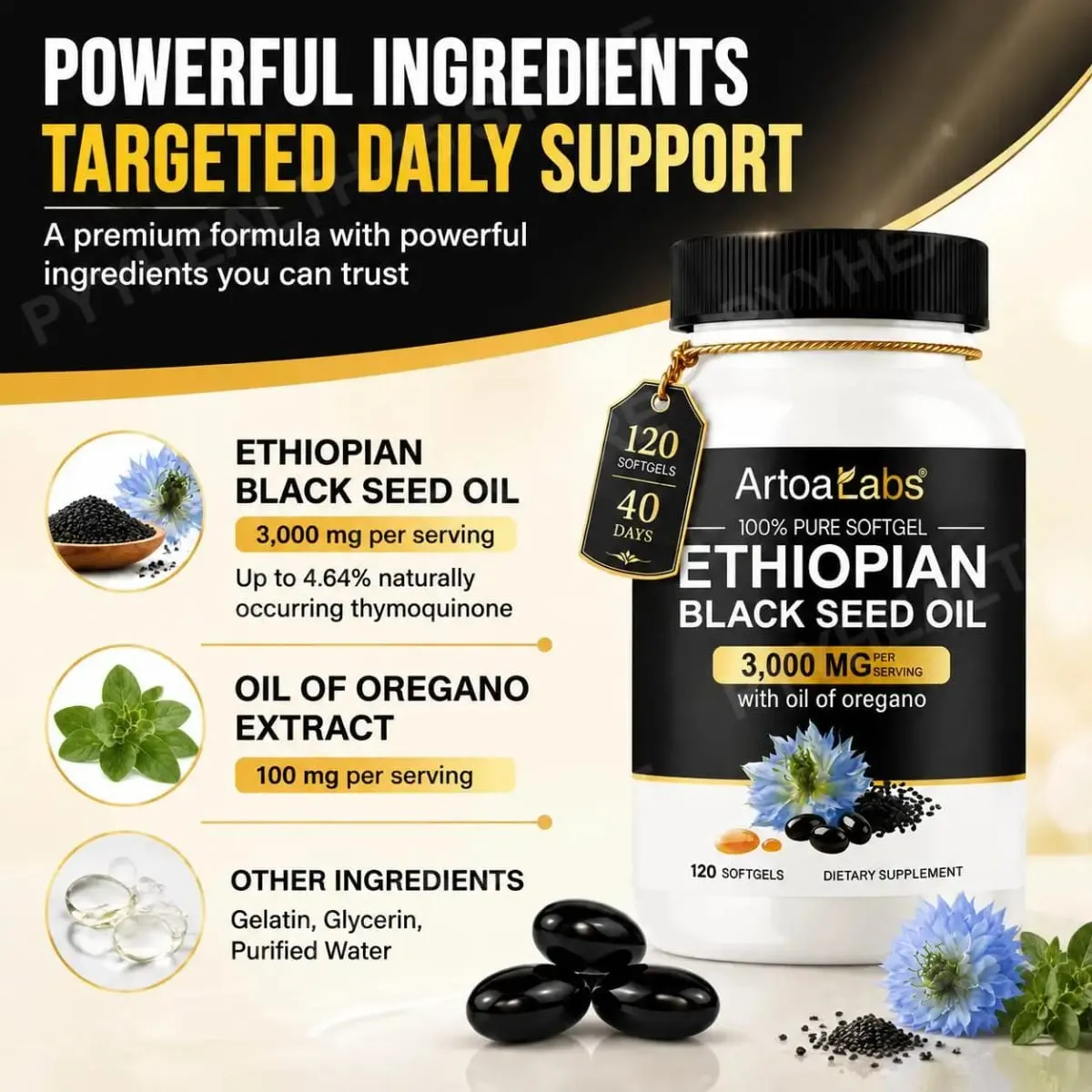 Gélules d'huile de graines noires éthiopiennes 3000 mg avec 100 mg d'extrait d'origan pour le soutien immunitaire digestif et la vitalité quotidienne 120 unités — image 4