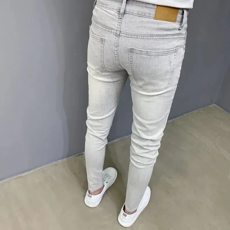 Summer Luxury Clothing Men's Pencil Pants Light Gray Jeans Slim Fit Korean Style Elastic Small Feet Long Pants Trendy Slim Jeans — image 3