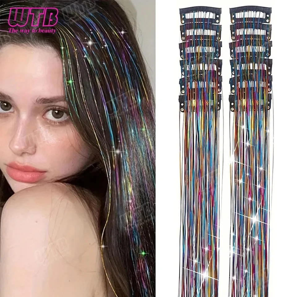 12Pcs Synthetic Hair Tinsel Clip In Glitter Tinsel Hair Extensions Clip In Hair Shiny Sparkle Fairy Hair Accessories For Women — image 11