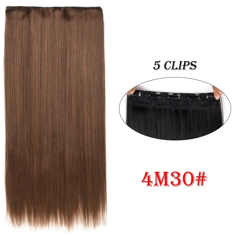 One Piece Clip In Hair Extensions 24" Straight Thick Synthetic Clip In Hairpieces Highlights Black Brown Soft For Women Daily