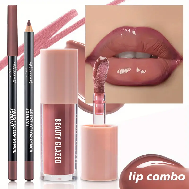 2pcs/set Velvet Texture Lip Makeup Set - Lip Liner - Lip Glaze - Waterproof Long-lasting Matte Effect Red Brown Create Moistu — image 1