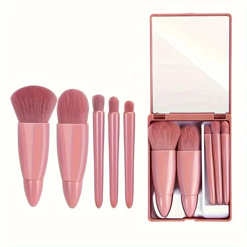 5pcs Mini Makeup Brush Set with Mirror - Multifunctional Travel Cosmetic Brushes Unscented Palm Brush Design Makeup Tools
