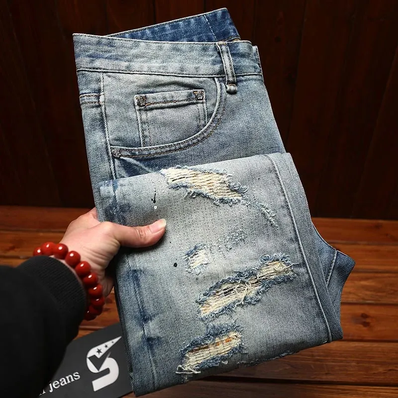 Ripped patch jeans for men scraped and worn summer slim fit small feet elastic fashionable nostalgic retro long pants
