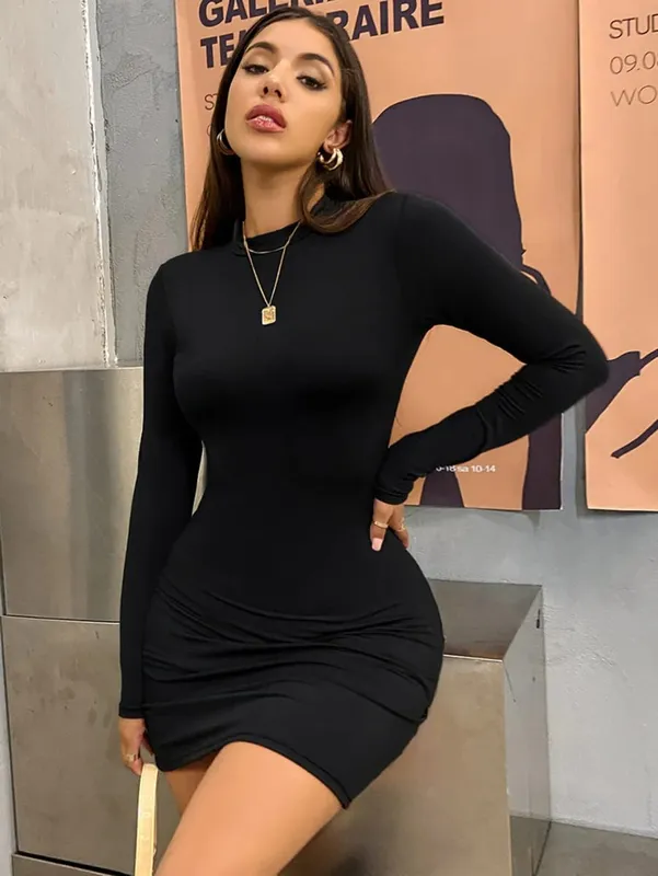 Long Sleeve Slim Bodycon Mini Dress Women Turtleneck Pleated Party Ruched Short Evening Club Outfit Soild Color — image 8