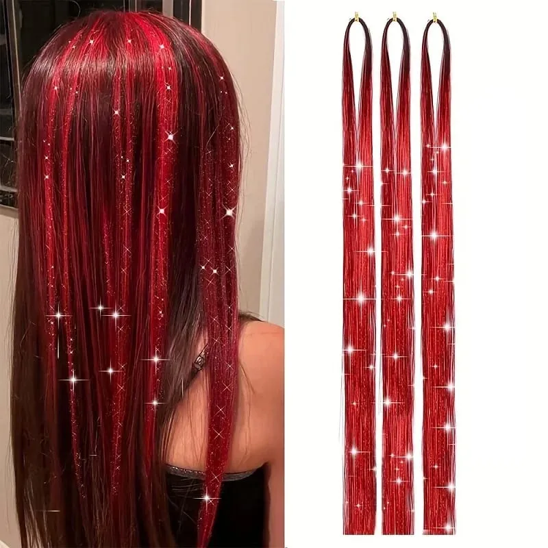 Extensions capillaires synthétiques brillantes de couleur arc-en-ciel, 90cm, 3 pièces/ensemble, guirlandes Laser longues et lisses, résistantes à la chaleur, Extensions de cheveux féeriques, fête quotidienne