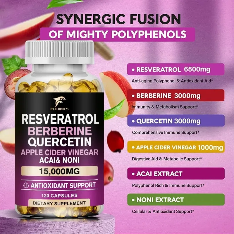 Resveratrol Capsules | Berberine | Quercetin | Apple Cider Vinegar - Antioxidant Heart Health & Metabolism - 60/120 Capsules