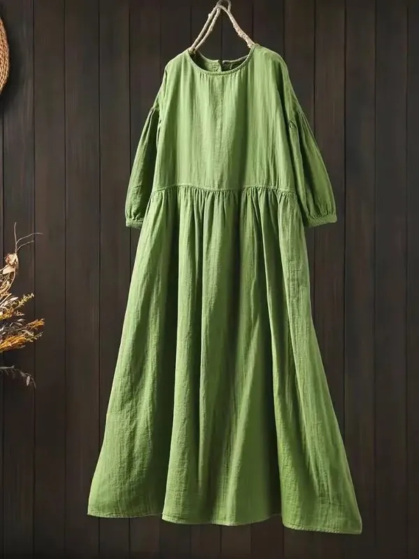 Johnature Women Vintage Cotton Dresses O-Neck Half Sleeve Soft Solid Color Robes 2025 Summer New Casual A-Line Female Dress — image 13