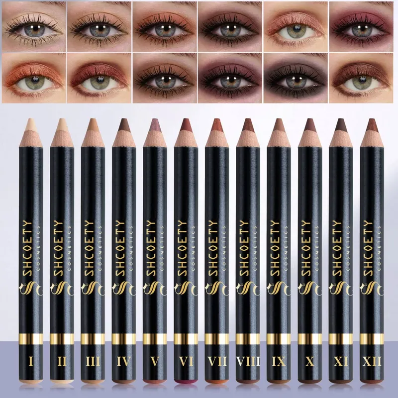 wooden pole 12-color pearlescent eyeshadow pen set non-smudged eyeliner pen with pencil sharpener lying silkworm pen