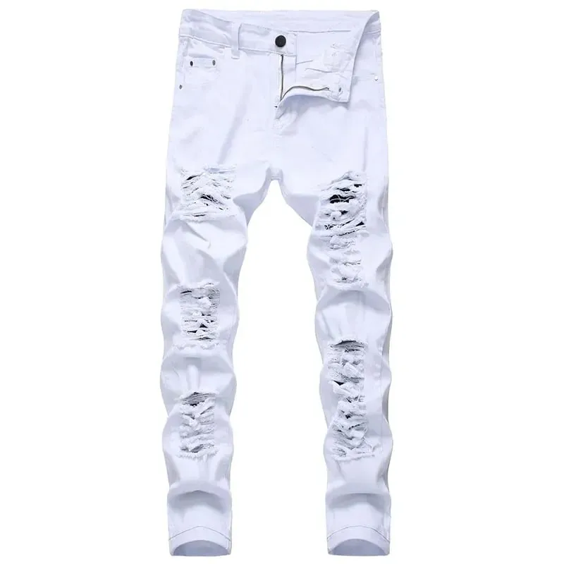 2025 Hole Denim Pants Men's Tide Brand Ruined Hole Jeans Solid Slim All-match High Street Hip Hop Trousers Red White Large Size — image 3