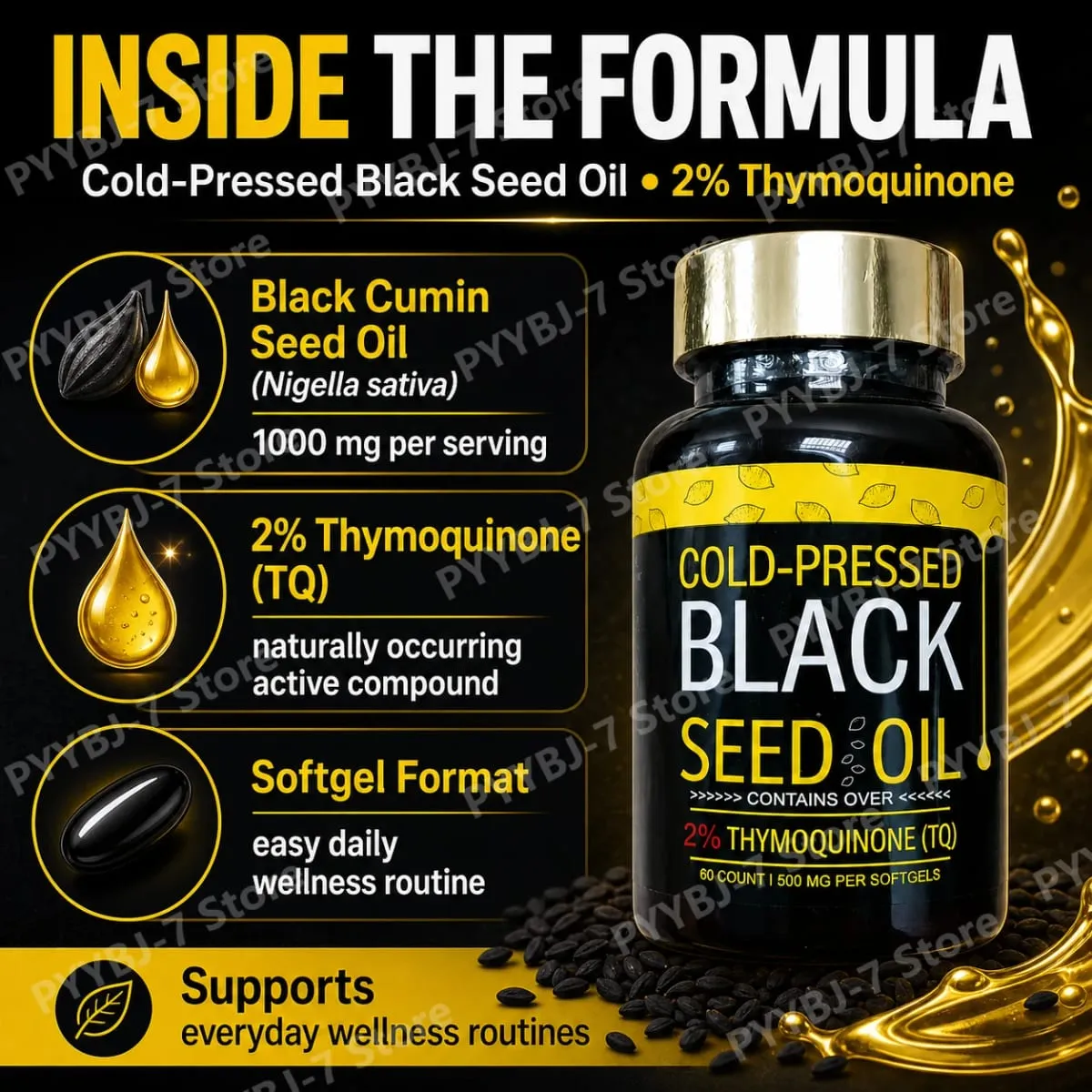 Kapsle s černým olejem lisovaným za studena obsahují 1000 mg přírodního oleje Nigella Sativa – denní bylinný doplněk 60 na láhev — image 3