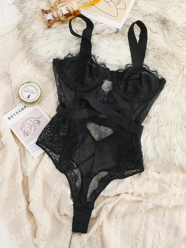 With bra integrated sexy ultra-thin transparent hollow body shaping coat female lace underwear women bodysuit — image 1