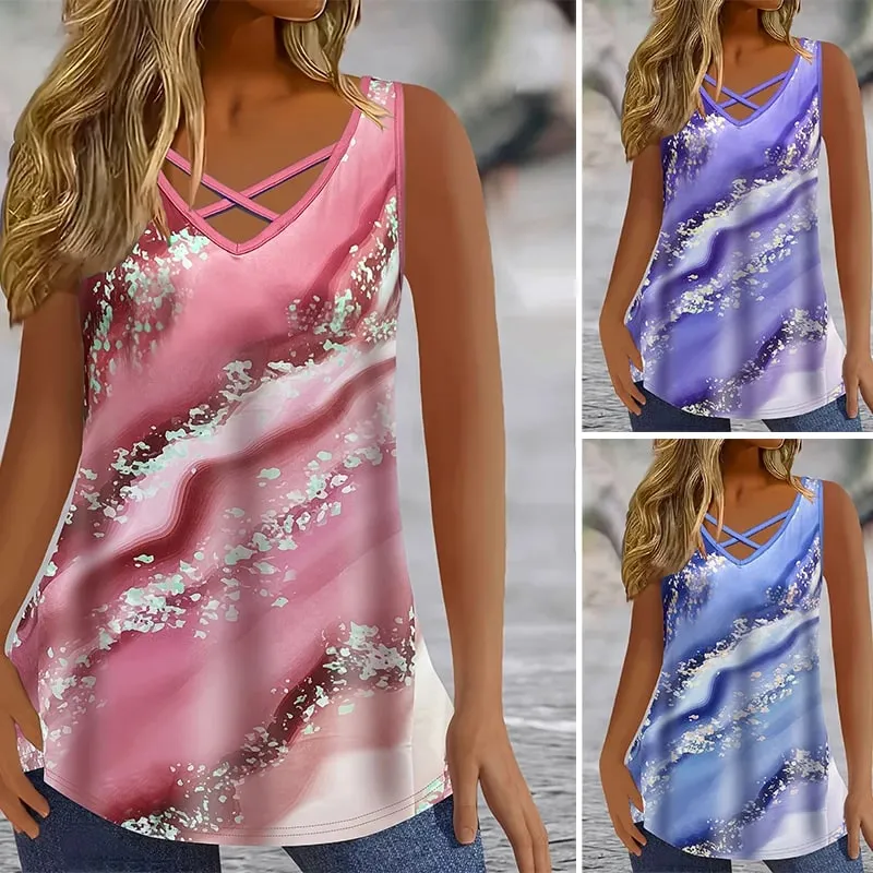 Plus Size Marble Print Tank Top Casual Criss Cross Sleeveless V Neck Top For Summer & Spring Women's Plus Size Clothing — image 2