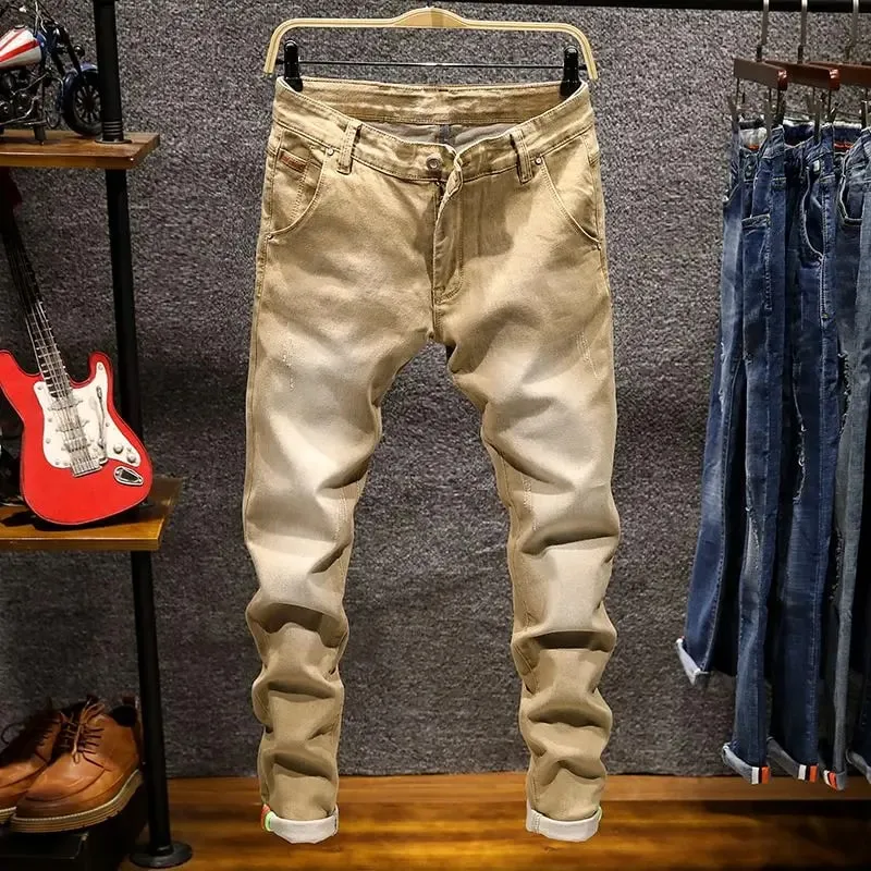 American Elastic Straight Jeans Men Ripped Worn-out Slim-fit Cotton Denim Pants Korean Style Fashion Blue Black Men's Clothing — image 3