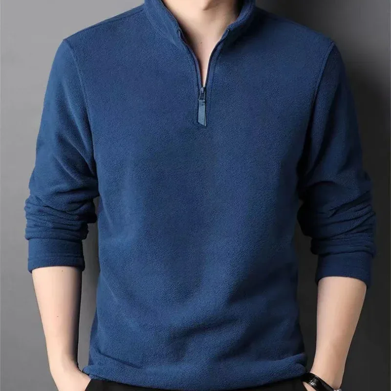 Autumn Winter New Warm Polo Shirts Men's Lamb Wool Sweatshirt Standing Neck Half Zip Long Sleeve Fashion Versatile Men Tees Tops