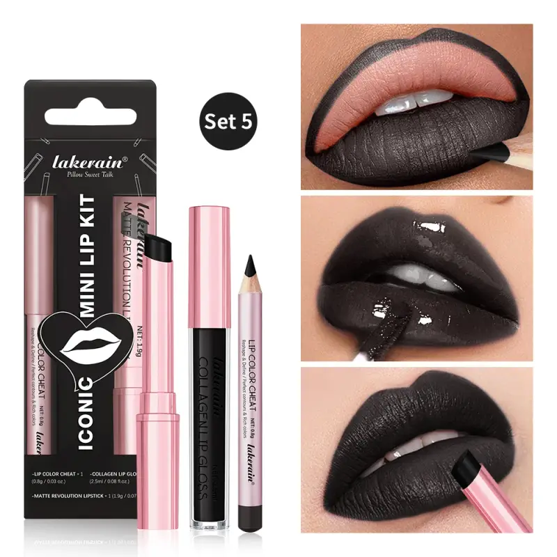 Waterproof Velvet Lip Gloss Long Lasting Smudge-Proof Black Lipstick Set Liquid Lip Lip Liner Set For Halloween Goth Makeup