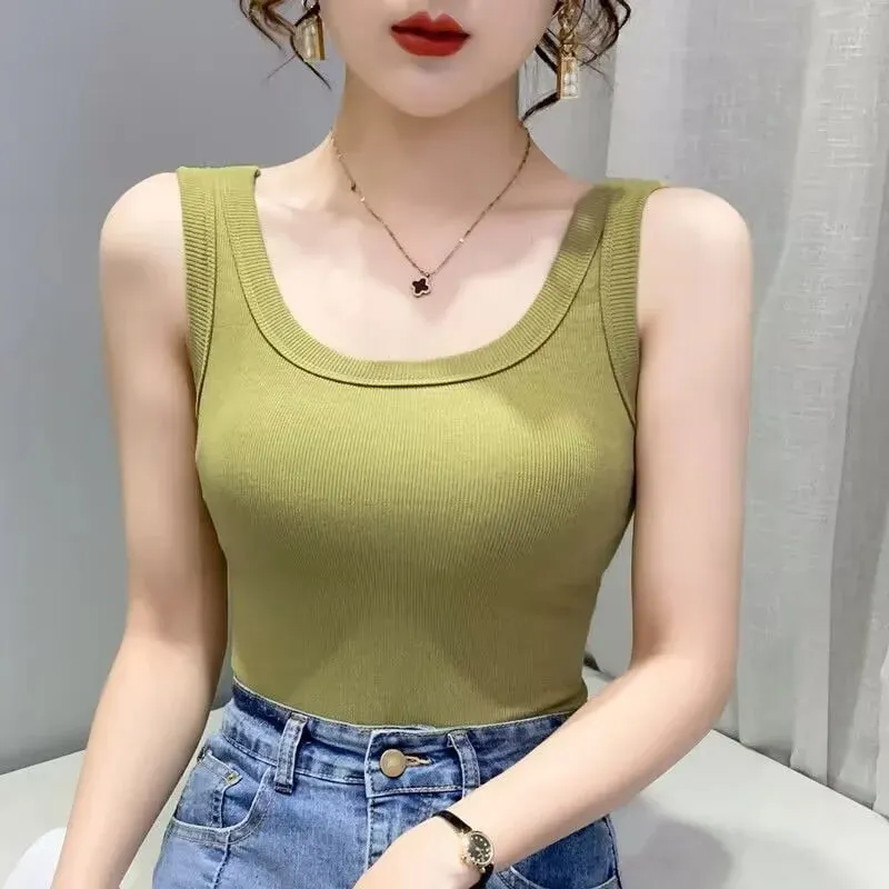 2023 Summer Women Basic Ribbed Knitted Tank Top Solid Color Sleeveless T-shirts Casual Camis Green Blue Elastic Female Tops — image 3