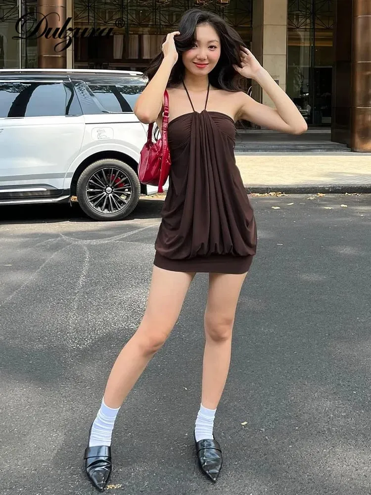 Dulzura Sexy Mini Halter Ruched Backless Short Dress Solid Sleeveless Women Dresses Summer Lady Party Birthday Club Clothes Y2K — image 3