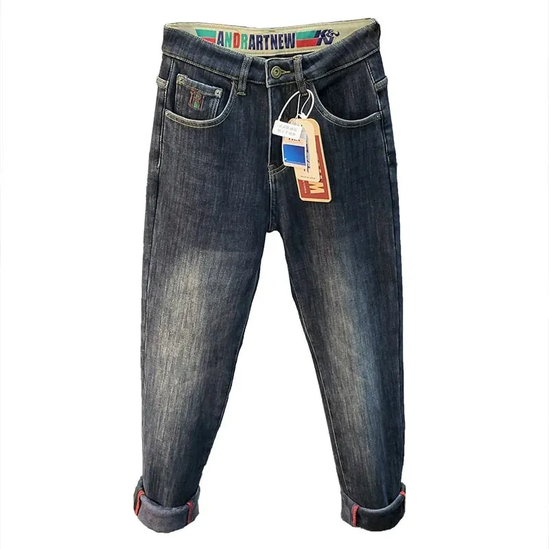 Fleece-Lined Thick Jeans Men's Winter 2023 New Casual Small Straight Pants Slim-Fit Fleece All-Matching Trousers — image 6