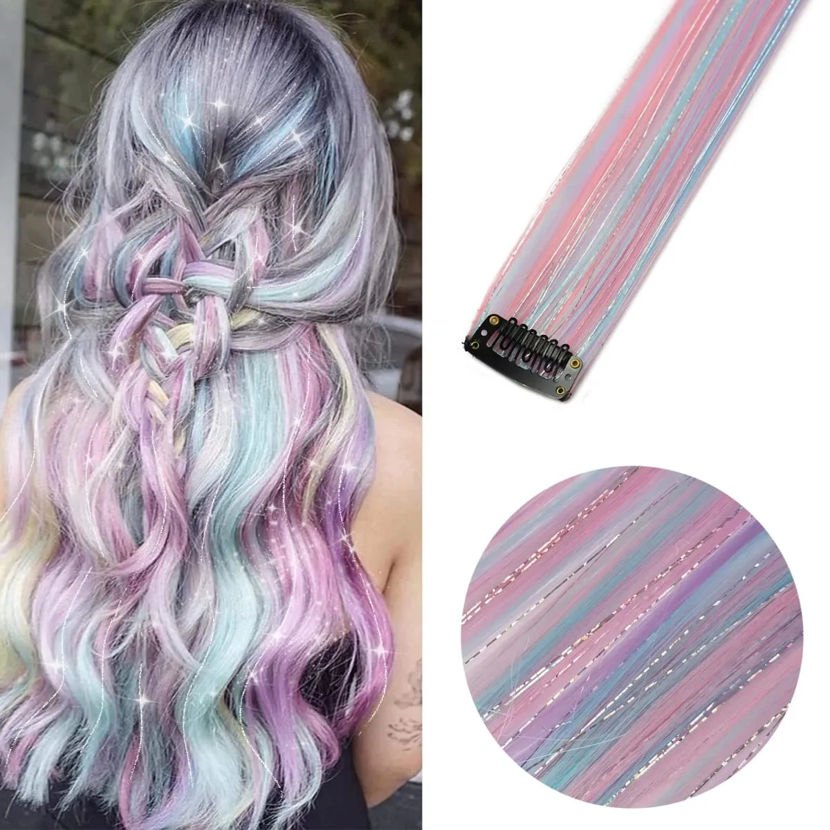 6pcs/pack Colored Party Highlights Clip in Hair Extensions 22 inches Multi-colors Straight Hair Synthetic Hairpieces