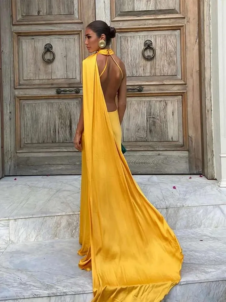 Elegant Ribbon Halter Dress Women Solid Off Shoulder Sleeveless Backless Slim Maxi Dresses 2025 Summer Autumn Party Robes Lady — image 2