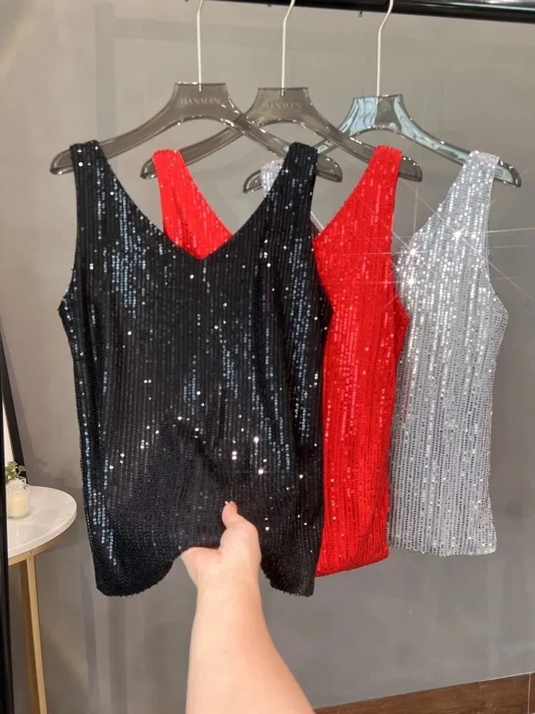 2024 New European and American Sequined V-neck Vest Worn Inside A Suit Bottoming Shirt and Worn Outside A Sparkling Top — image 4