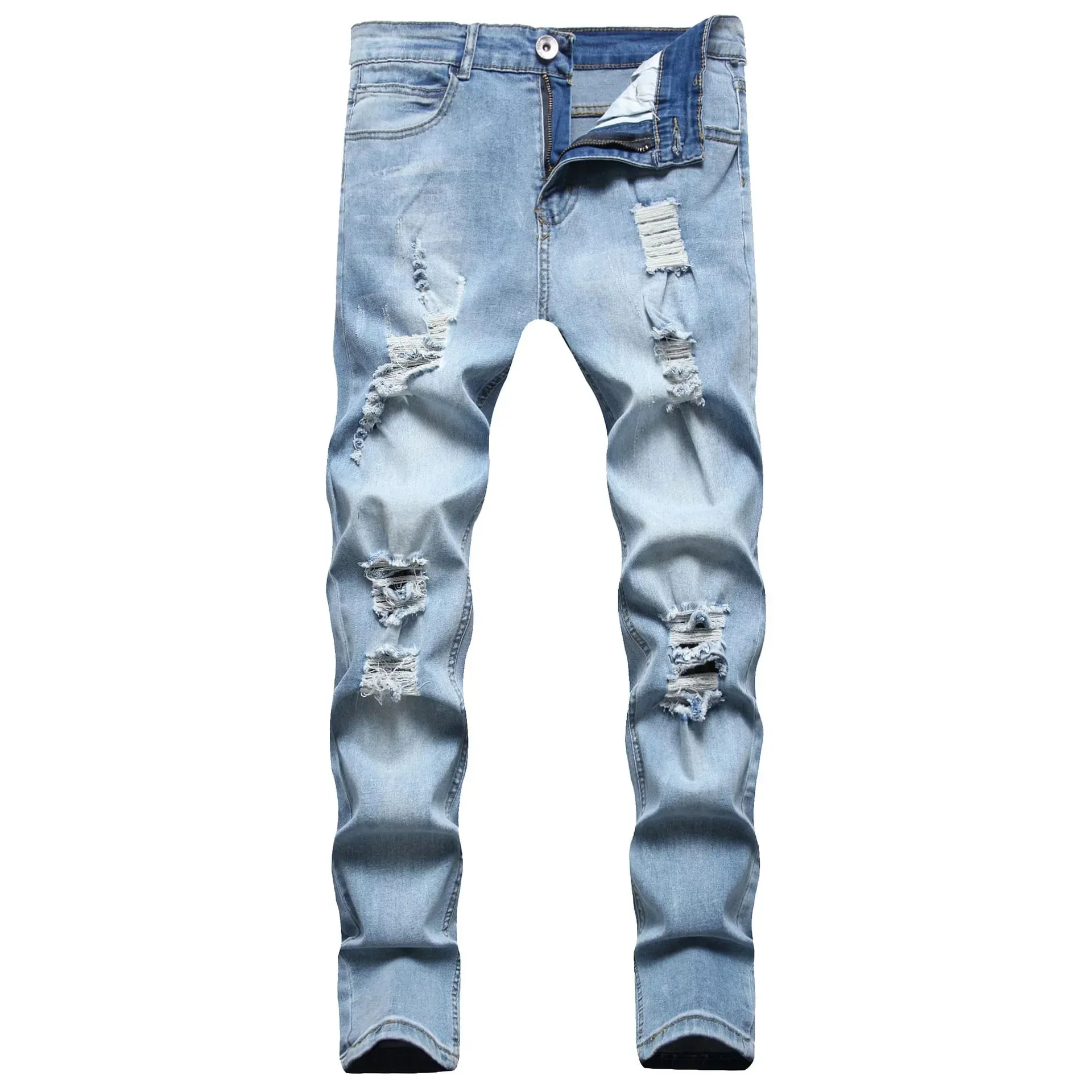 Jeans Men Hole Distressed Pencil Pants Slim Fit Vintage Zipper Fly Pockets Solid Colour Washed Denims Ankle Length Trousers — image 5