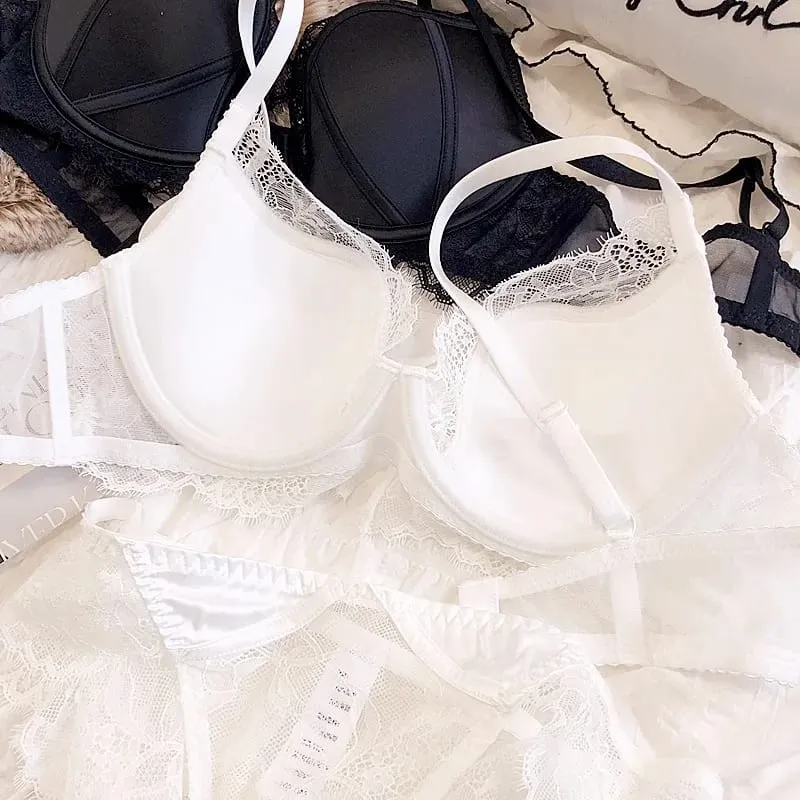 Sweet Little Fresh Deep-V tenké spodní prádlo s krajkou pro ženy, sexy set podprsenky s velkou velikostí BC, spodní prádlo push up se spodničkami