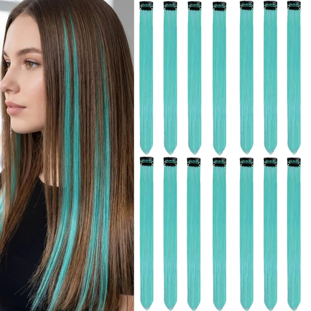 14 Buah Klip Ekstensi Rambut Biru Teal Dalam 22 Inci Aksesori Rambut Pelangi Ekstensi Sorotan Neon Sintetis Pesta Berwarna