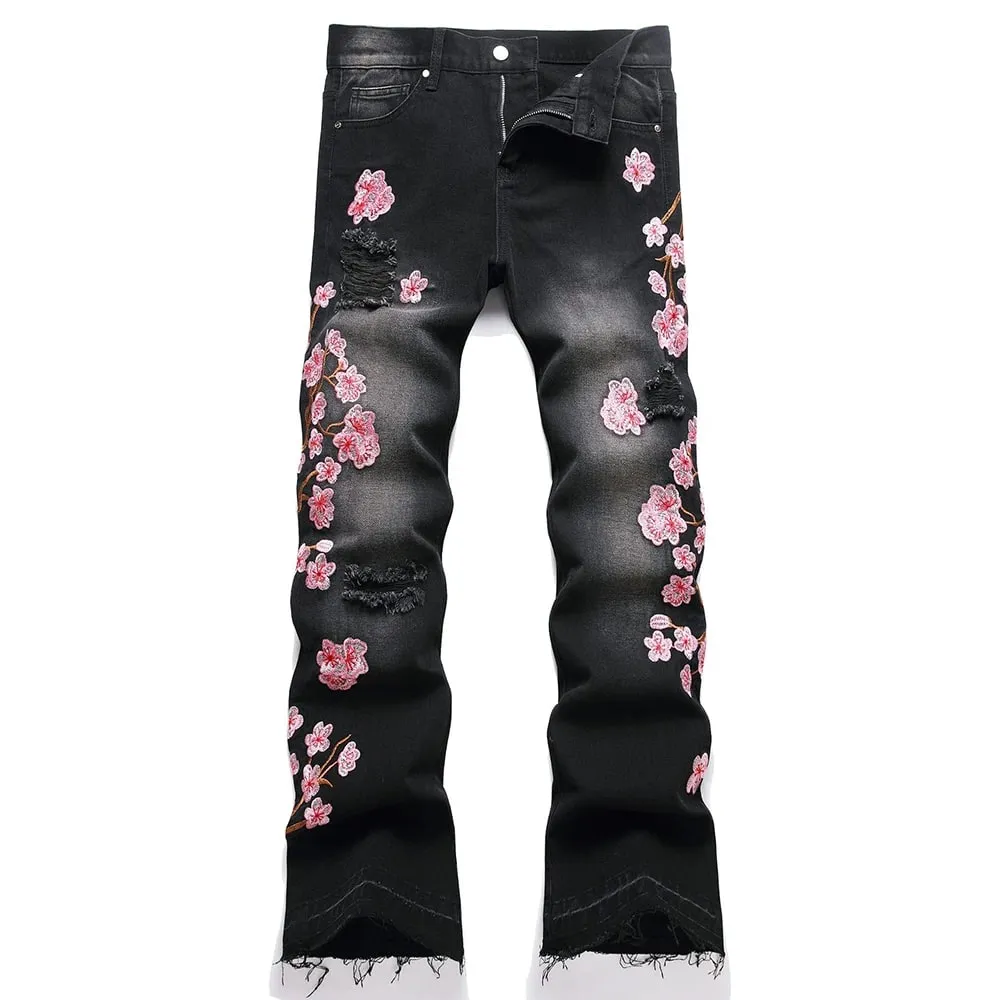Men Sakura Embroidery Denim Jeans Streetwear Boot Cut Pants Released Hem Flared Trousers with Ripped And Cherry Blossom Design