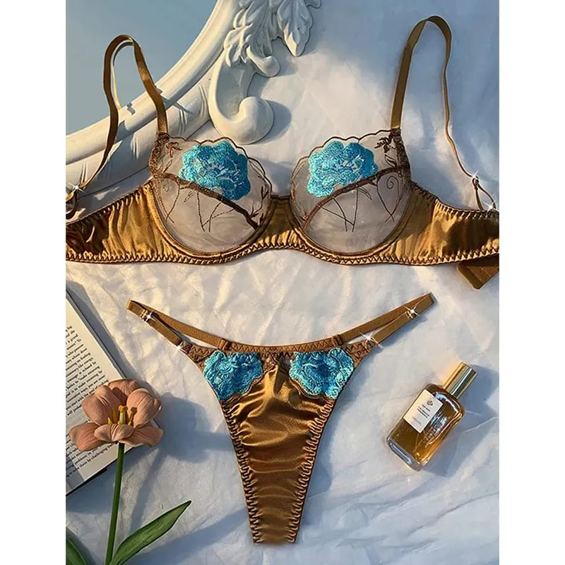 Sexy Bras for Women Fancy Lingerie Luxury Satin Underwear Delicate Embroidery Erotic Lingerie 2 Pieces Translucent Bralette Sets — image 3