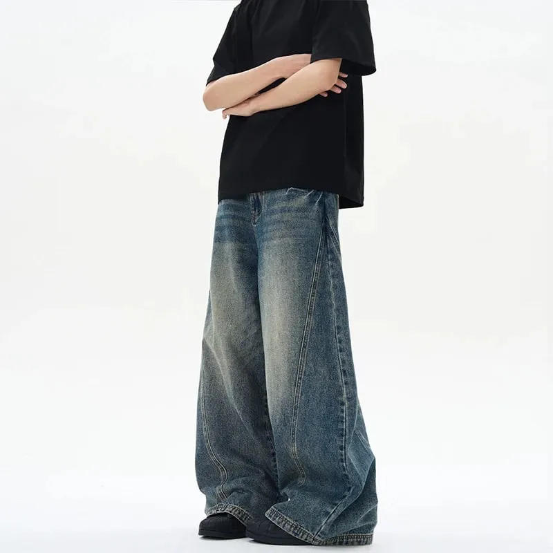 2025 Spring New Men's Jeans Oversized Wide Leg Pants Loose Vintage Patchwork Lightning Cracked Denim Trousers Streetwear Male — image 4