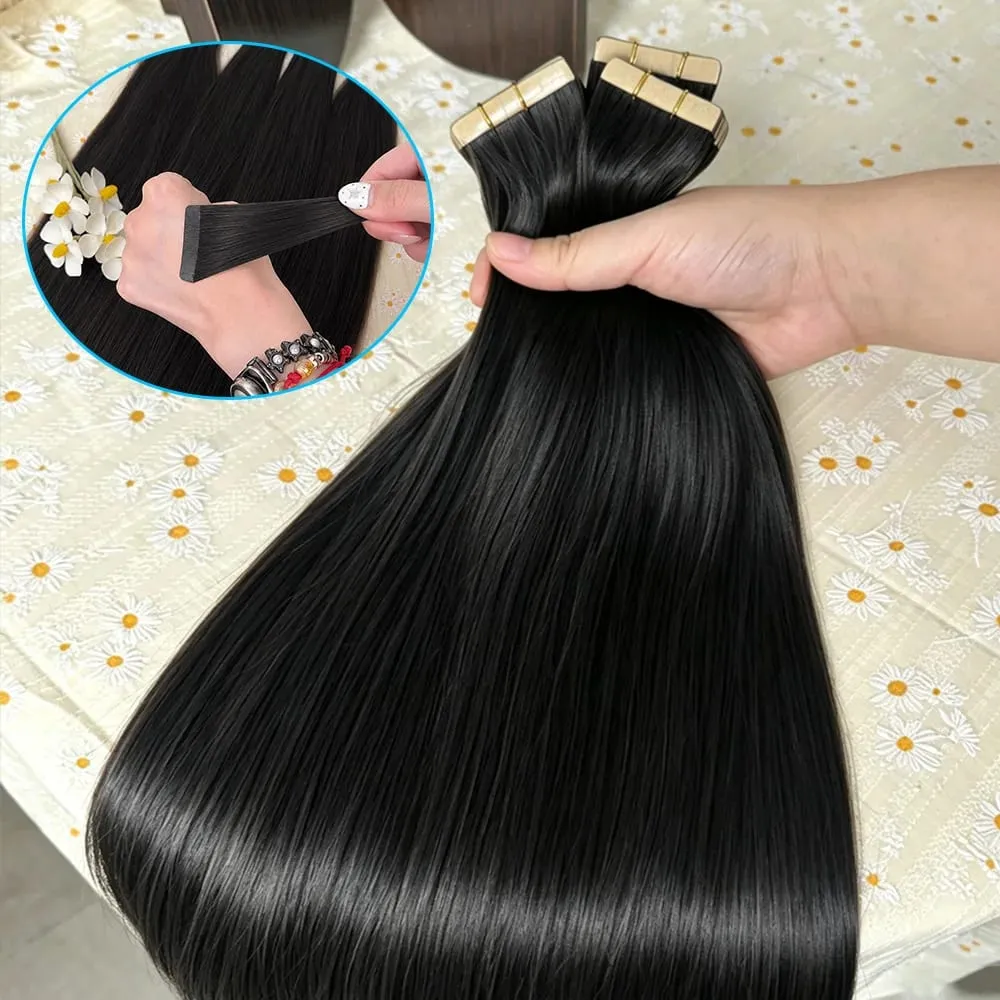 Tape In Real Human Hair Extensions Straight 18 24 Inch 1B Natural Black 50g/pack Color Invisible Seamless Skin PU Weft Tape Ins Extension For Women — image 2