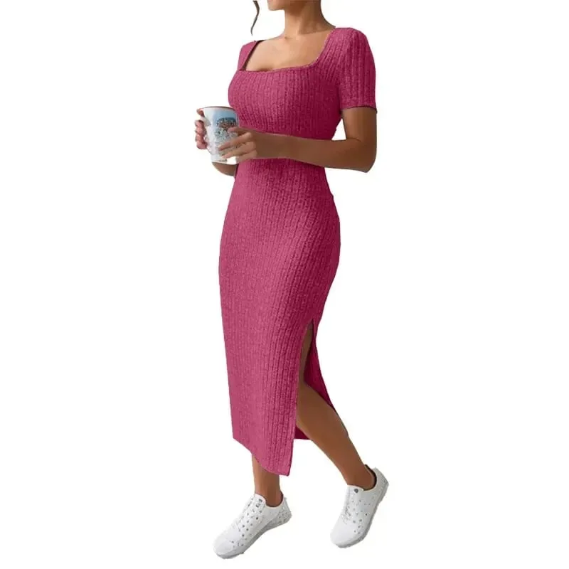 Summer Square Neck Hip-Hugging Mid-Length Skirt Short-Sleeved Versatile Knitted Slit Dress — image 6