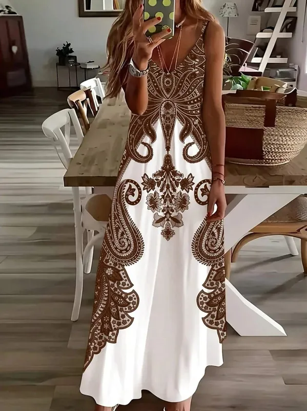 2024 Cross border New Flower Printed V-neck Strap Dress with Exotic Bohemian Vacation Style Elegant Long Style — image 6