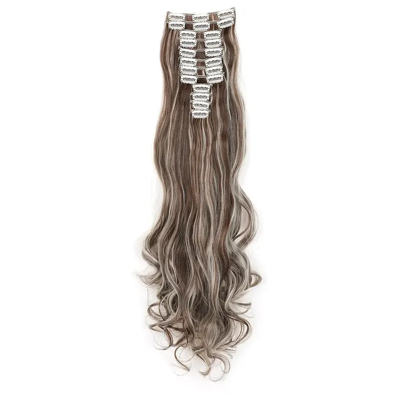 12pcs Highlight Balayage Dark Brown Hairpieces Clip in Hair Extensions 24inch Light Brown&Honey Blonde Synthetic Wavy Hair — image 10
