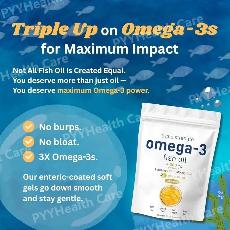Suplementos de óleo de peixe ômega 3 de força tripla 4200 mg Burpless com sabor de limão EPA 1200 mg DHA 900 mg 240 cápsulas gelatinosas — image 3