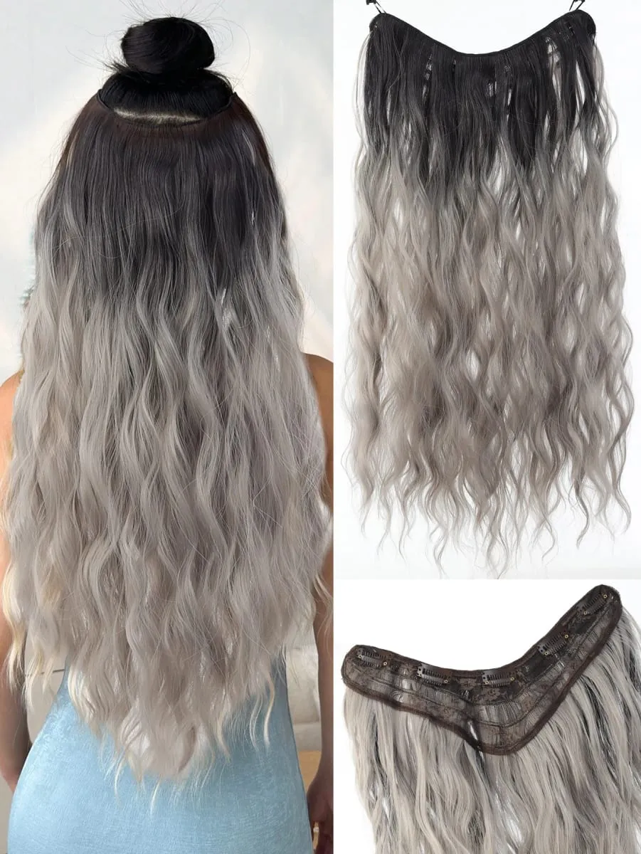 Synthetic Hairpiece 24 Inch Long Water Wave Wavy Clip In Hair Extensions V-Shaped Ombre Heat Resistant Fiber For Women Girls — image 8