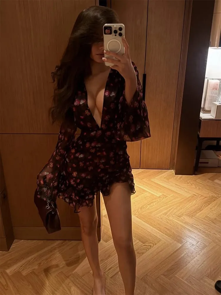Elegante flora pintado plissado mini vestido feminino sexy manga cheia profundo decote em v magro curto robe 2026 verão nova senhora festa clube usa